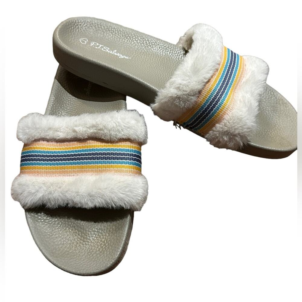 PJ Salvage Women’s 9/10 Ivory Faux Fur Slides with Colorful Trim - Picture 2 of 5